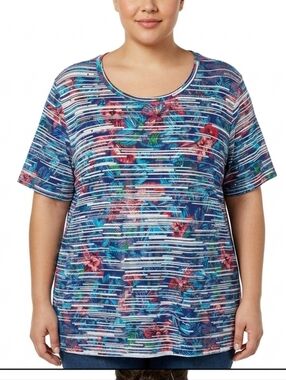 NWT Rafaella Studded Tropical Striped Floral Top (Runs Small)